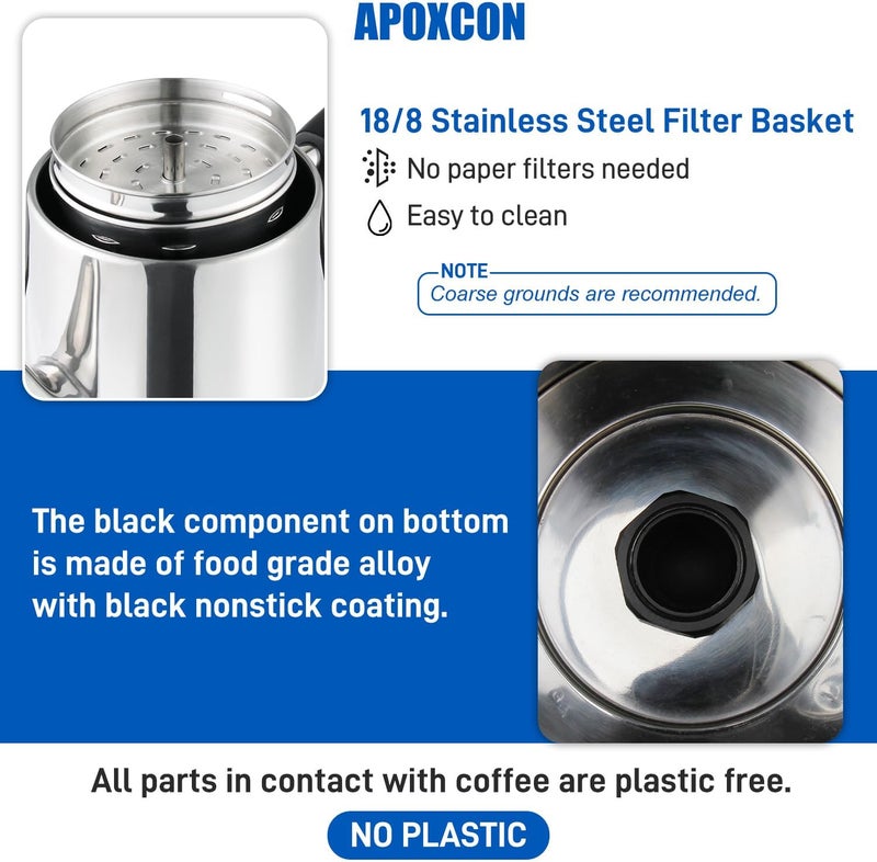 APOXCON Electric Coffee Percolator Stainless Steel Coffee Maker with Heat Resistant Tough Glass Clear Brew Progress Knob, Classic Coffee Pot with Keep Warm Cordless Serve Cool Touch Handle 12 Cup - Image 3